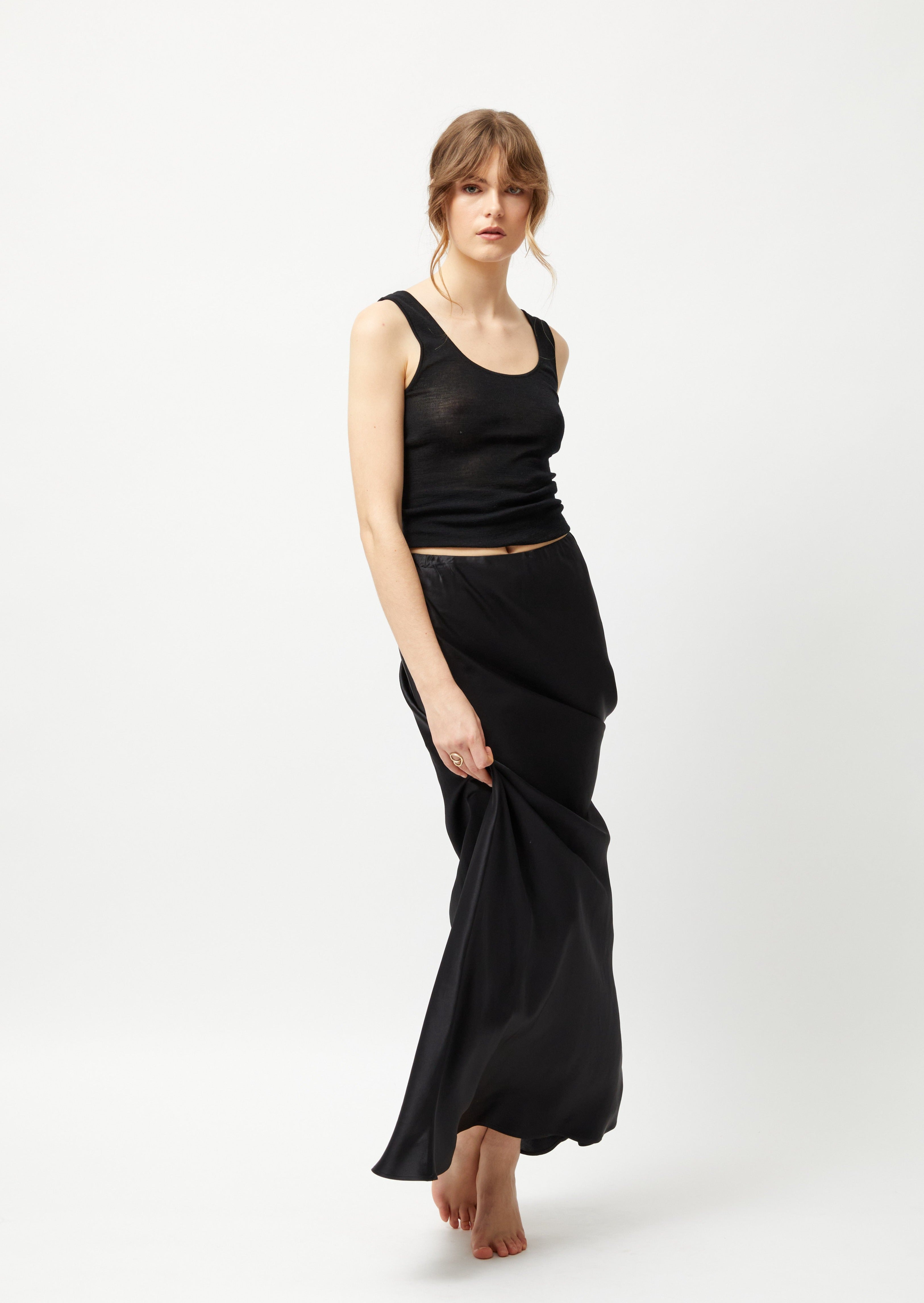 Seine Long Slim Bias Skirt - Black Silk Satin