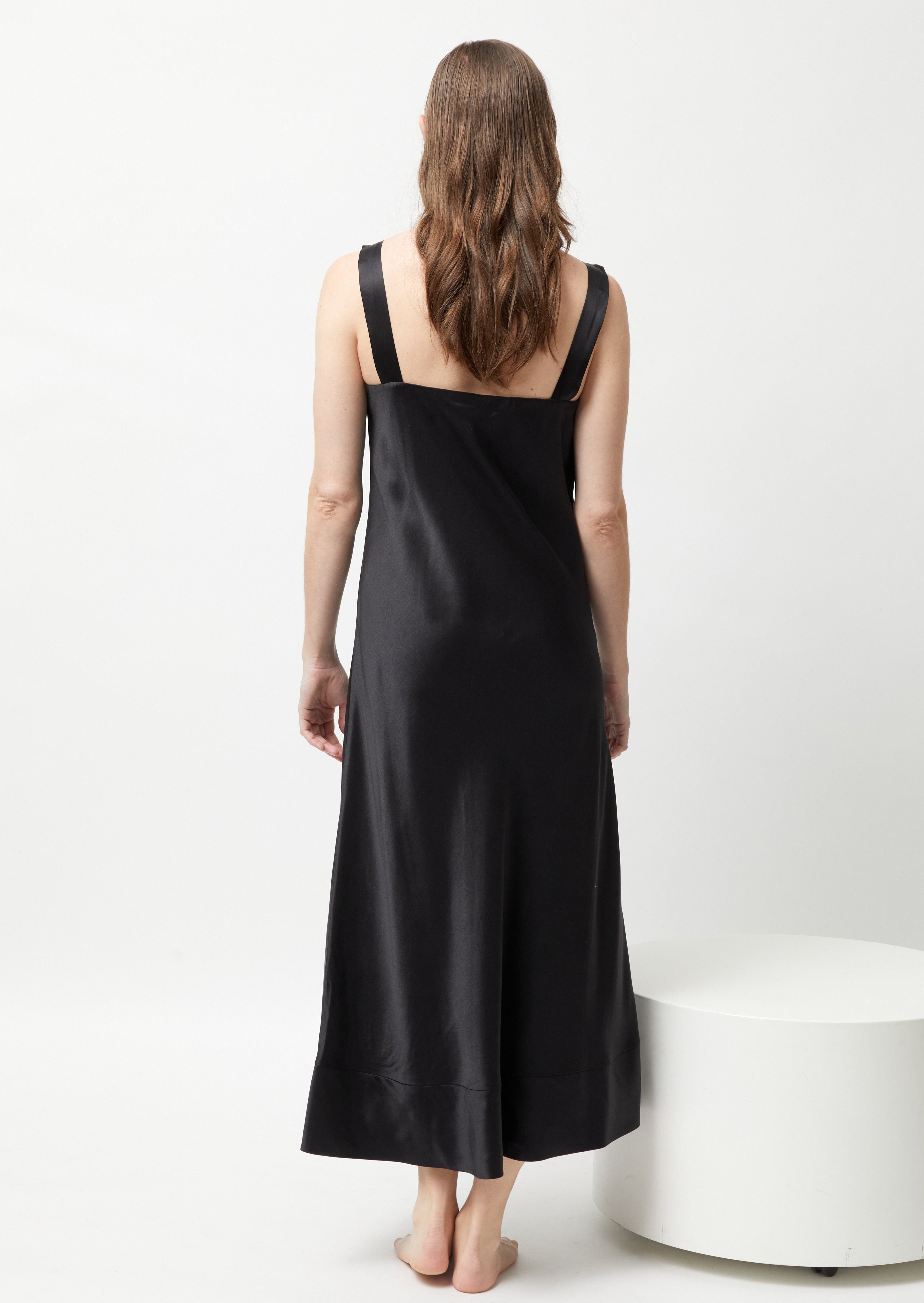 Simone Bias Cut Slip Dress - Black Silk Satin